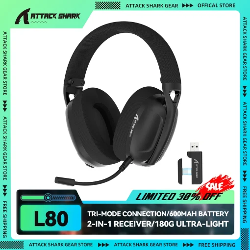 ATTACK SHARK L80 180g Ultra-Light Gaming Headset,...