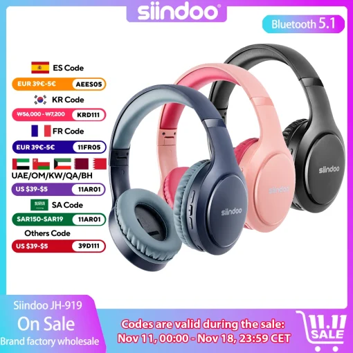 Siindoo Wireless Bluetooth Headphones 3 Colors Foldable...